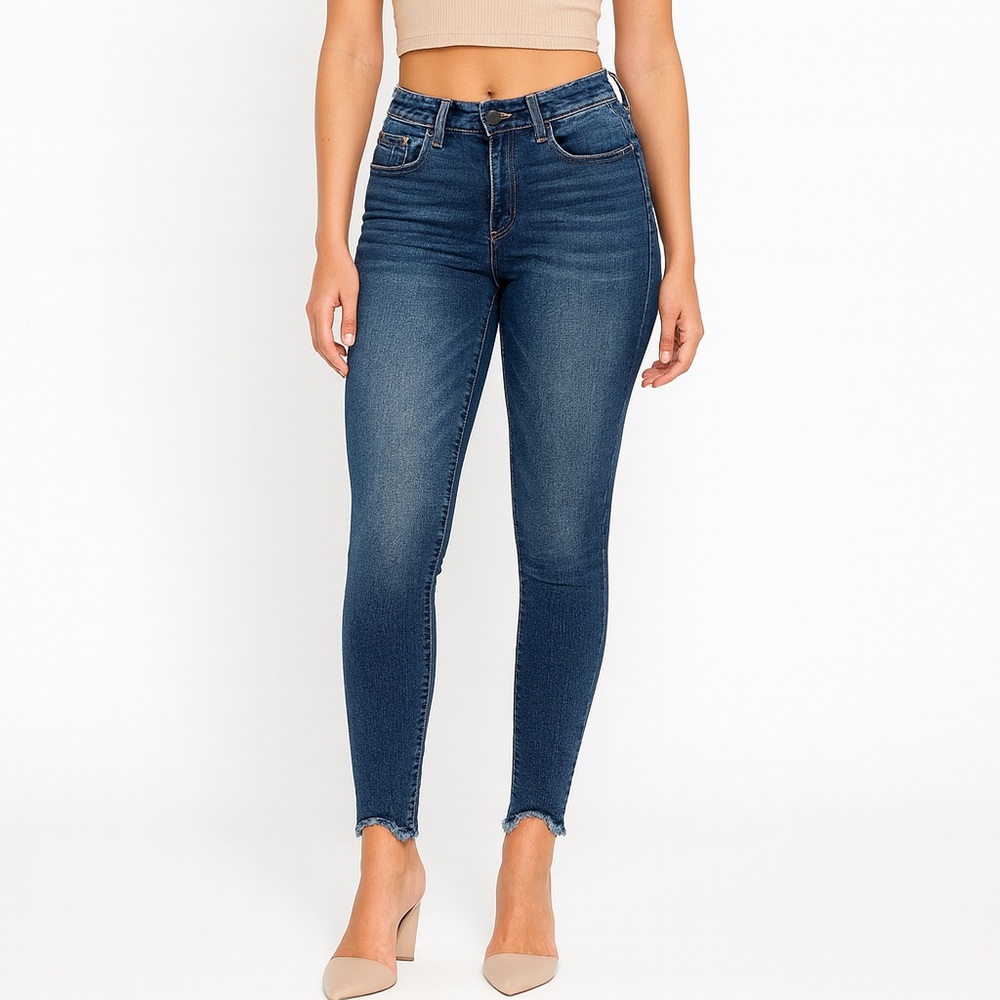 KUT from the Kloth Carlo Ankle Skinny Jeans Dark Wash Scalloped Raw Hem Size 8